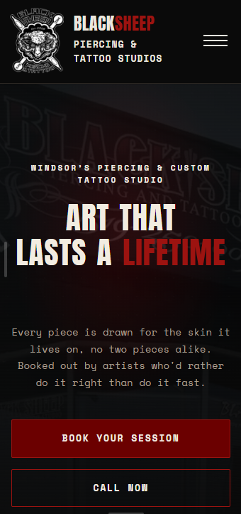 Blacksheep Tattoo & Piercing website on mobile